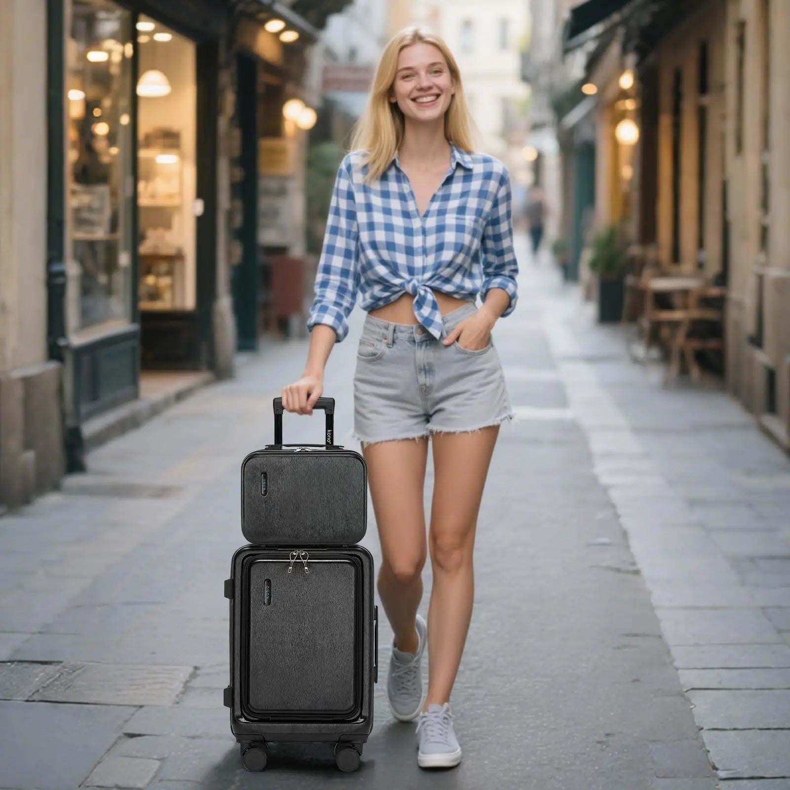Coffret à bagages à main 20 pouces KONO 2 pièces – étui rigide ABS léger, 4 rouleaux doubles, serrure TSA, trousse à cosmétiques