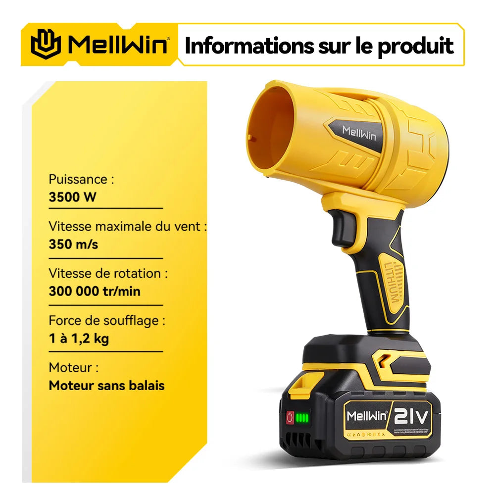 Souffleur turbo électrique sans balais MELLWIN – 350 m/s, 3 500 W, souffleur de feuilles portable sans fil pour broches de batterie 18 V