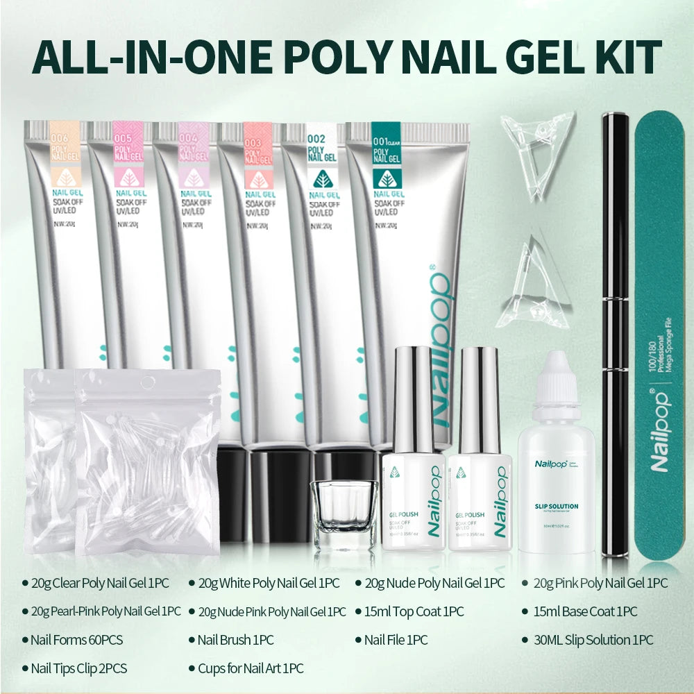 Kit PolyGel Extension d’Ongles 6 Couleurs avec Pinceau, Formes, Base et Top Coat