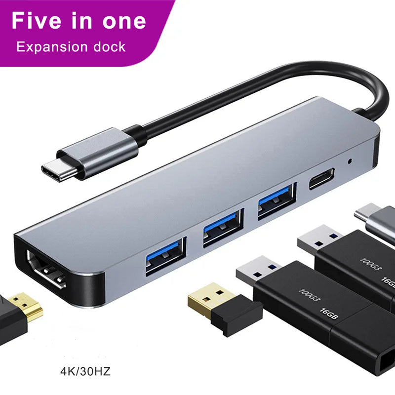 Hub USB C 5 ports vers HDMI 4K, charge rapide PD, USB 3.0 2.0, station de charge de type C pour MacBook, iPad, Samsung