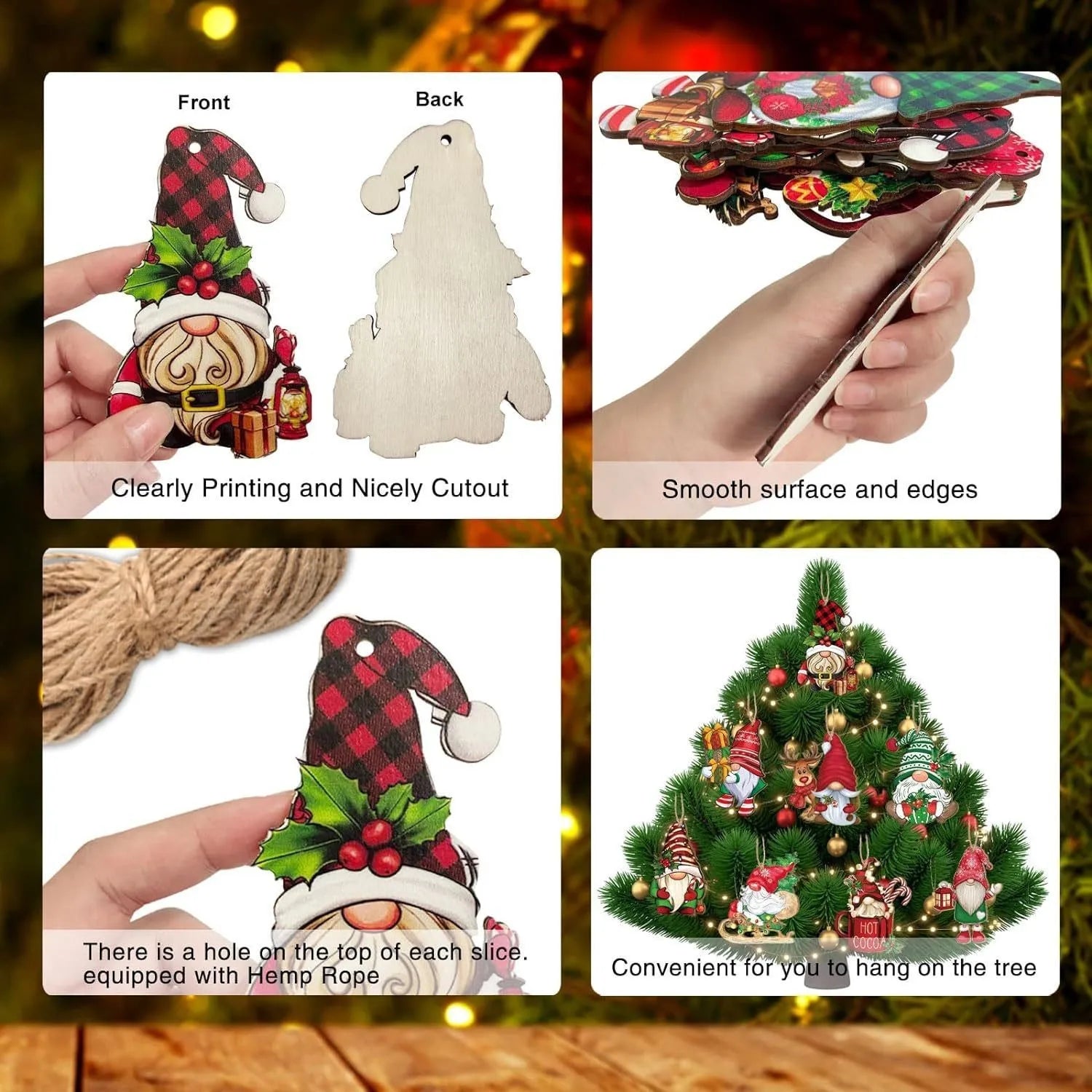 Pendentifs Gnome de Noël en bois, lot de 12, décorations suspendues pour arbre de Noël