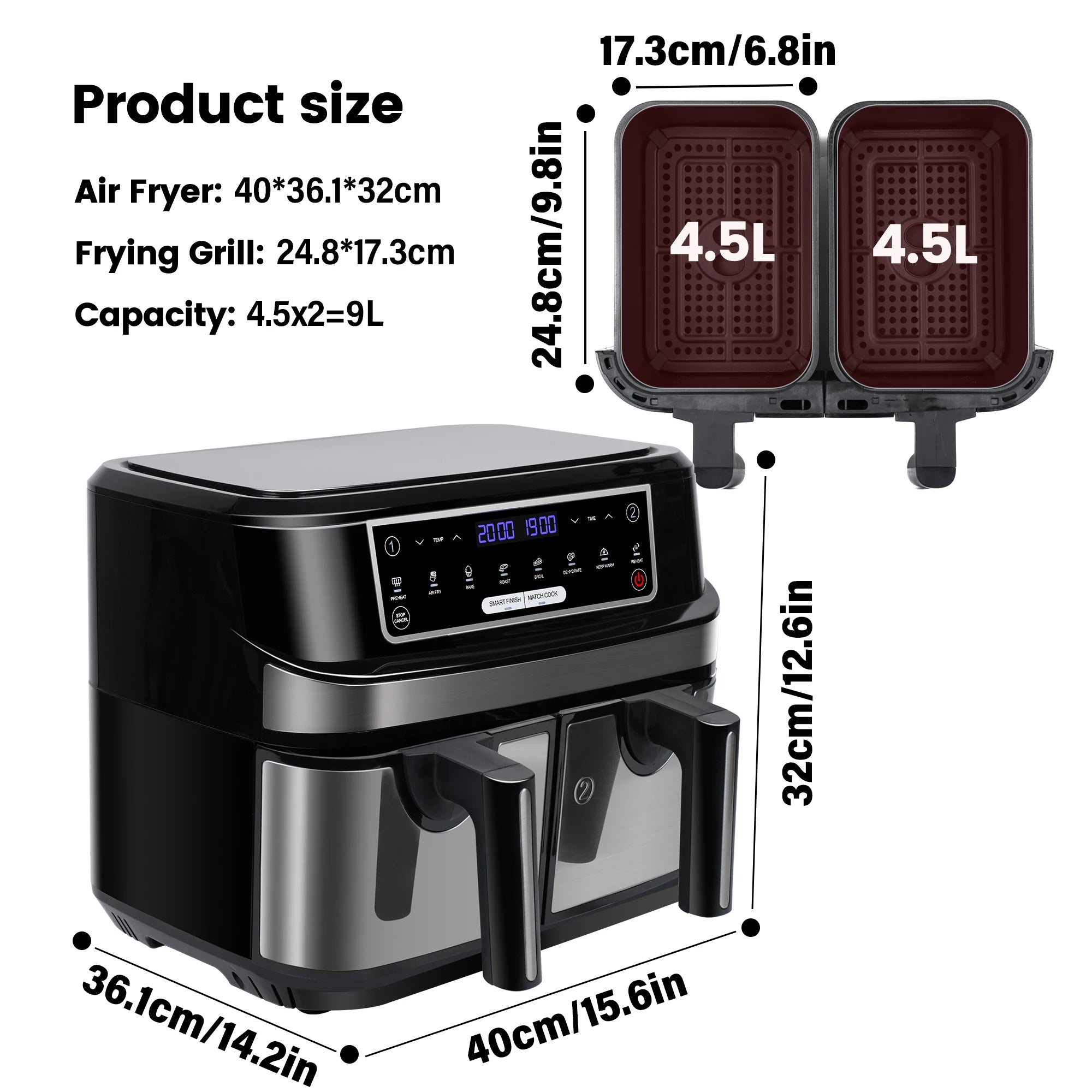 Air Fryer, Friteuse à air chaud double chambre 9 litres XXL avec 2 tiroirs indépendants de 4,5 L, 8 programmes automatiques et écran tactile LED