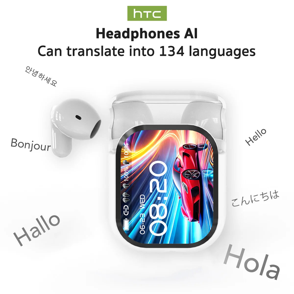Écouteurs Bluetooth V6.0 HTC NE20, traducteur AI, écran tactile LCD OWS, casque de sport sans fil, son stéréo HD, longue durée de vie