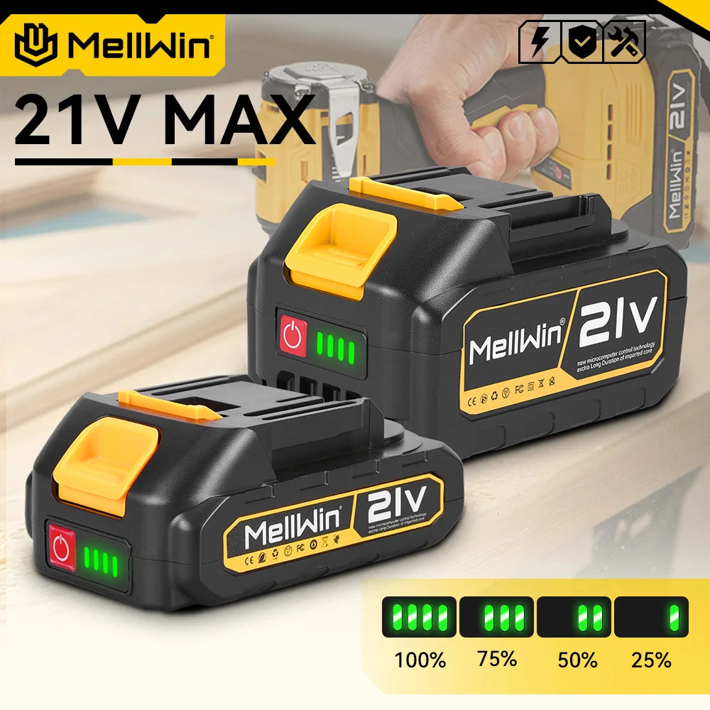 Batterie rechargeable MELLWIN 7 500 mAh / 15 000 mAh – batterie au lithium avec indicateur LED pour outils électriques, compatible broches de batterie Makita 18–21 V