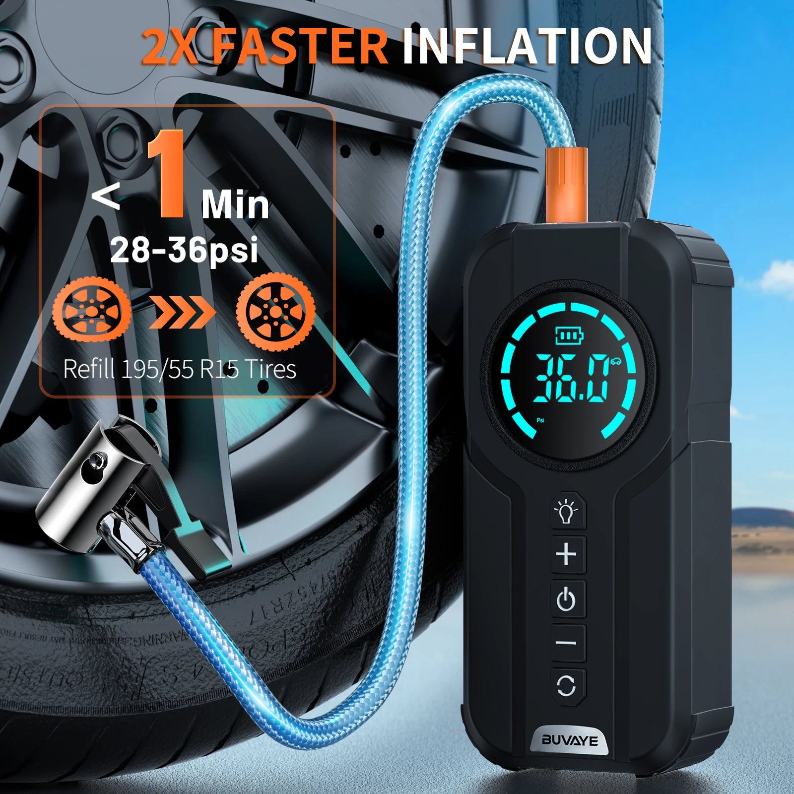 BUVAYE Car Jump Starter, Air Pump, LED Light, Portable Air Compressor, Multi-function Tire Inflator
