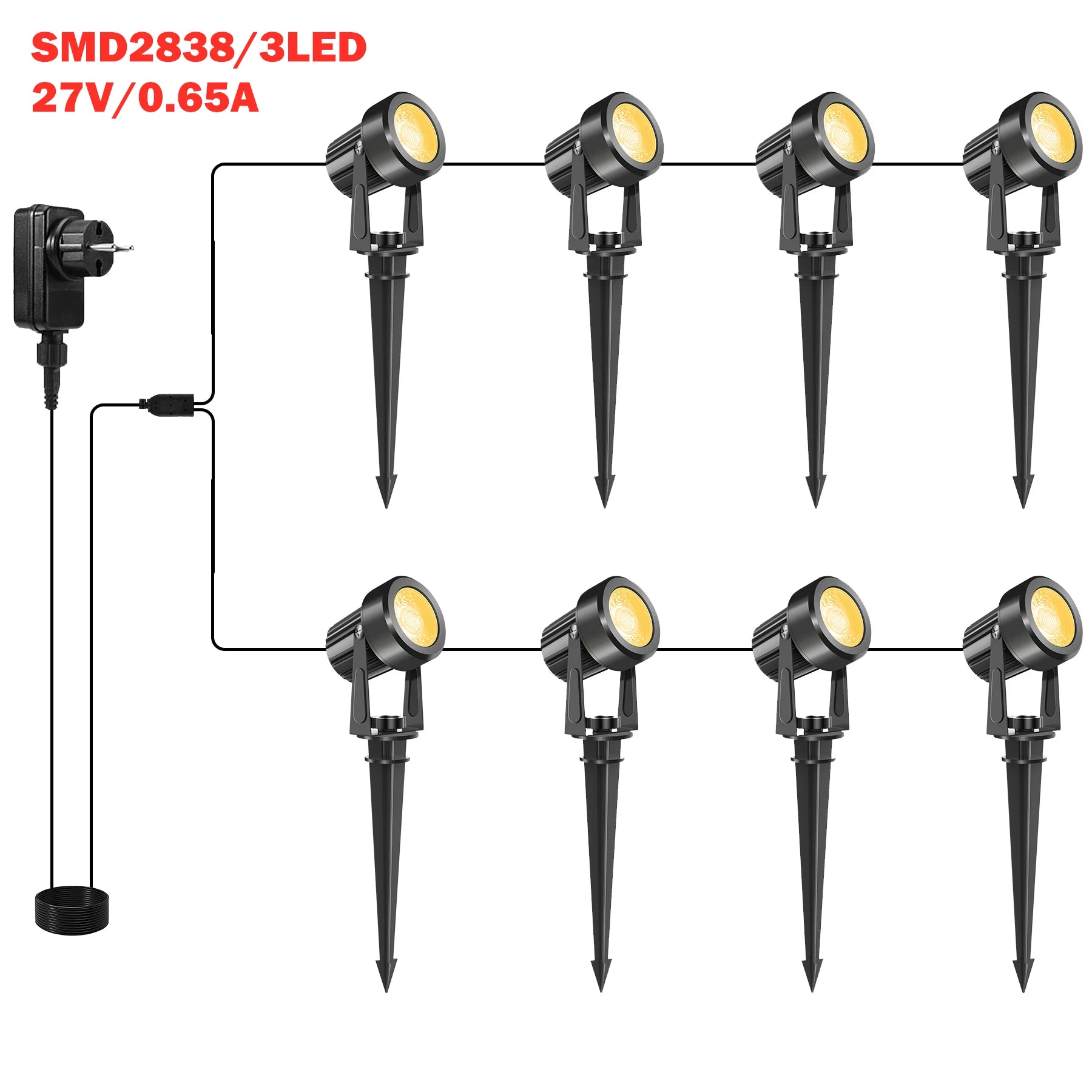 12V/27V LED Niedervolt Gartenbeleuchtungsset – 2 bis 10 Leuchten, 800LM, IP65 wasserdicht, warmweißes Licht 3000K