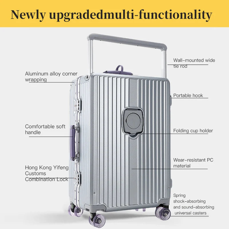 Valise rigide en PC avec poignée télescopique à tube large SUSHIMU – bagage à roulettes extensible, 20, 24, 26 et 28 pouces