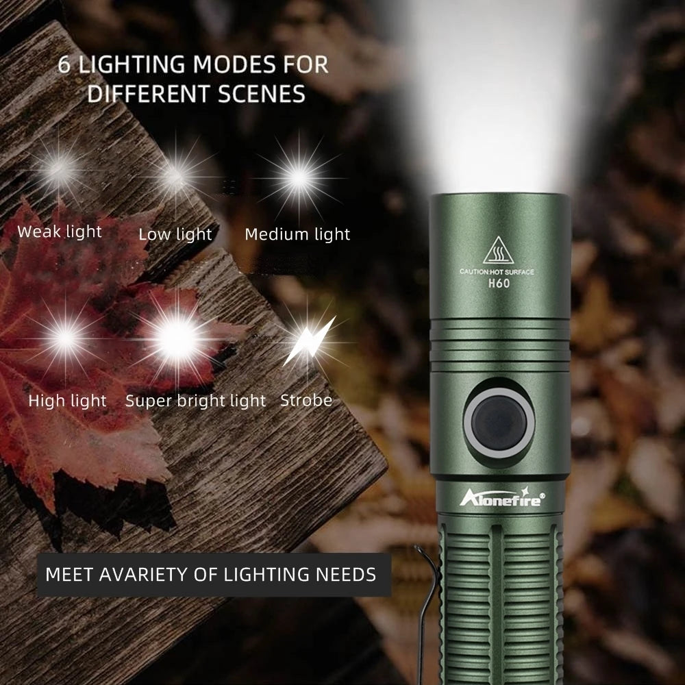 AloneFire H60 LED Taschenlampe – 1800 Lumen, USB-C wiederaufladbar, wasserdicht und extrem leistungsstark