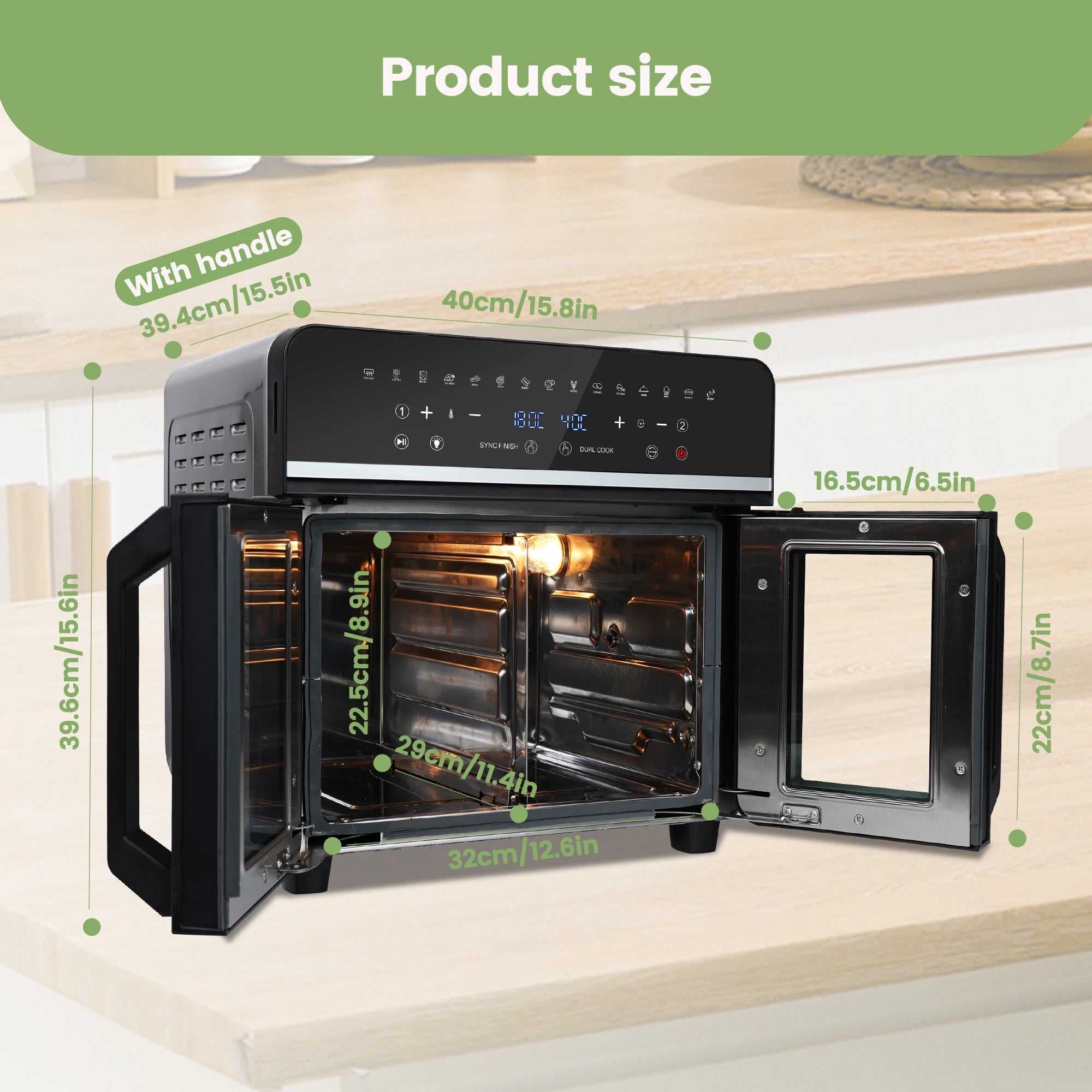 Friteuse à air chaud double zone, 23 L, four XXL 2200 W, écran tactile LED, 15 programmes, livre de recettes inclus