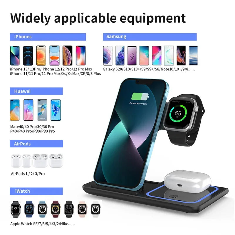 Chargeur sans fil 3 en 1 pour iPhone 15 14 13 12 Pro Max 11 15W, Station de charge rapide pour Apple Watch, support à Induction Airpods