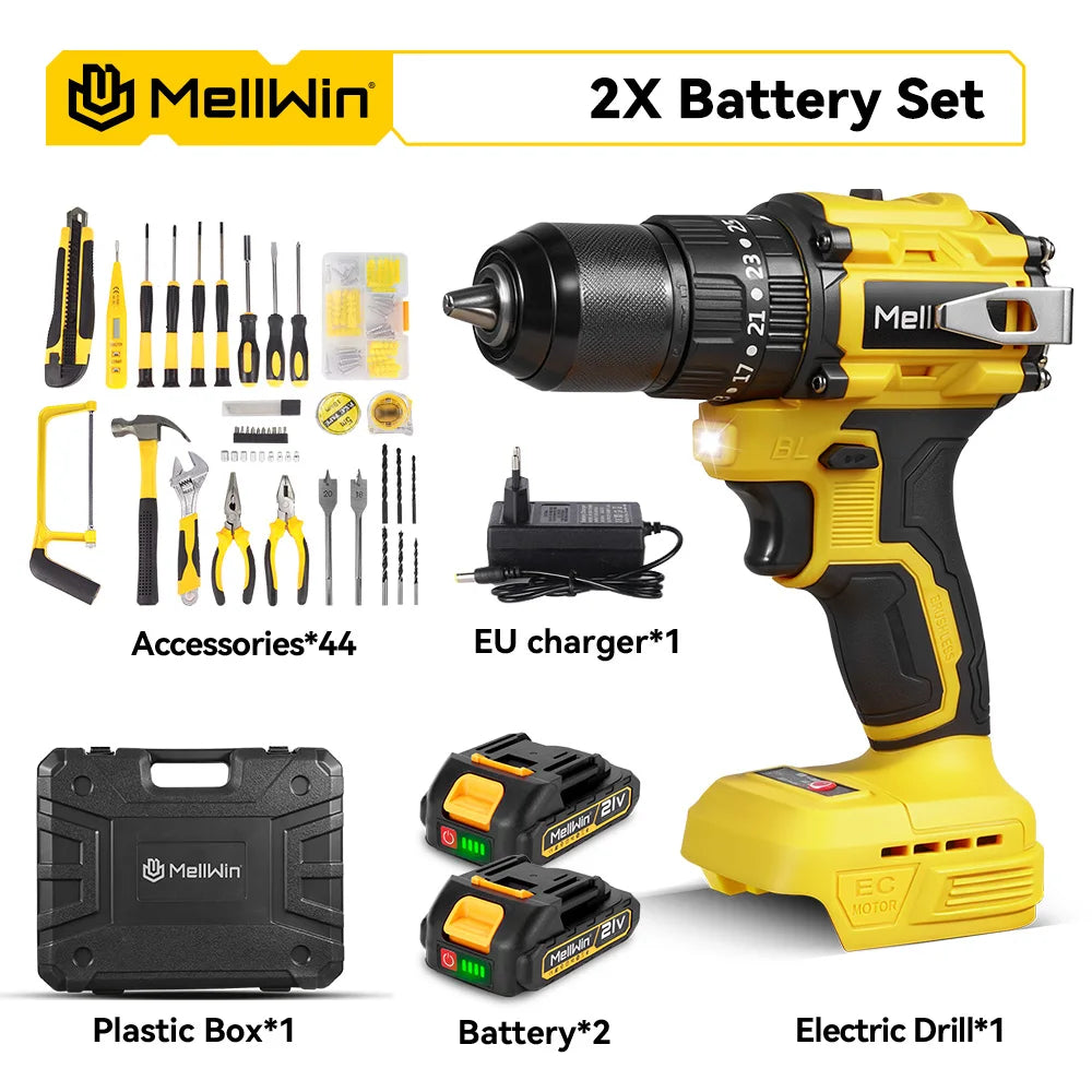 Perceuse à Percussion Électrique MELLWIN – Sans Balais 480 N·m, Tournevis 3 en 1, Ensemble d’Outils pour Makita 18V, Broche de Batterie