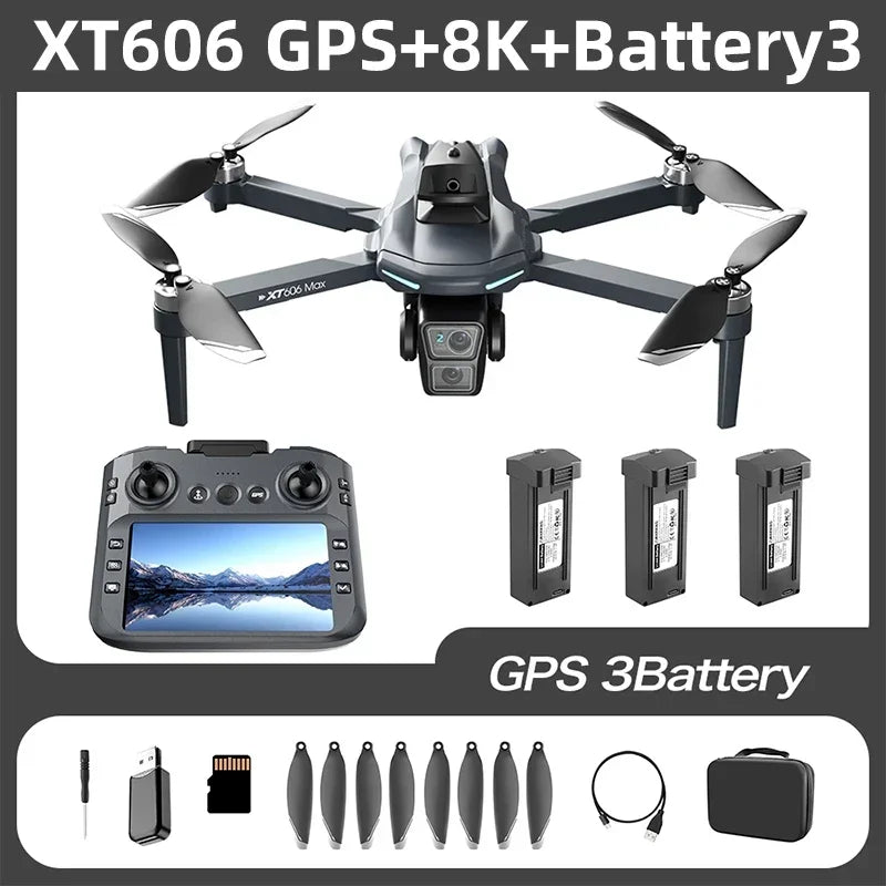 XT606 GPS Drone 4K – Double caméra, cardan 3 axes PTZ, évitement d’obstacles, portée 3 km