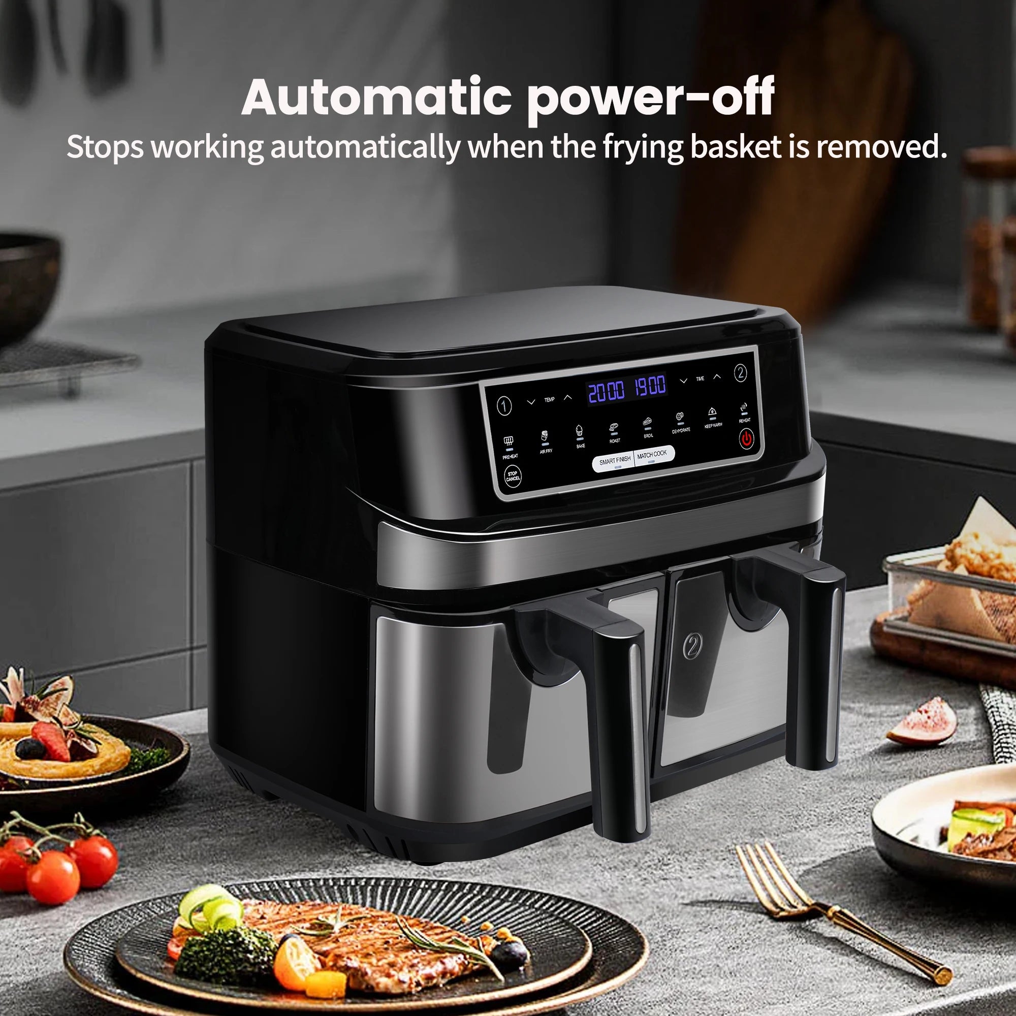 Air Fryer, Friteuse à air chaud double chambre 9 litres XXL avec 2 tiroirs indépendants de 4,5 L, 8 programmes automatiques et écran tactile LED