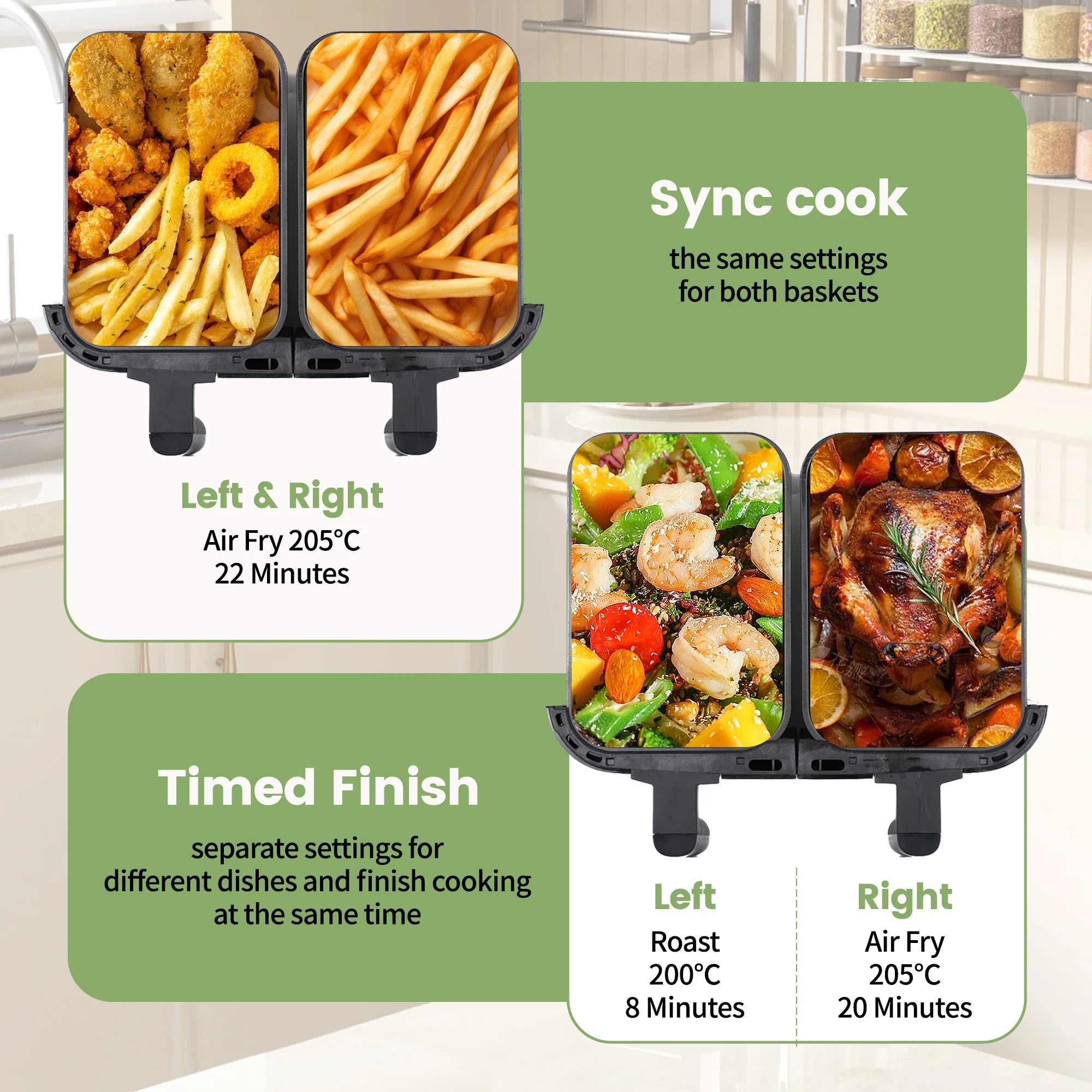 Air Fryer, Friteuse à air chaud 2 chambres avec fenêtre de visualisation, 10L Double tiroirs, Friteuse à air chaud avec écran tactile 8 programmes automatiques
