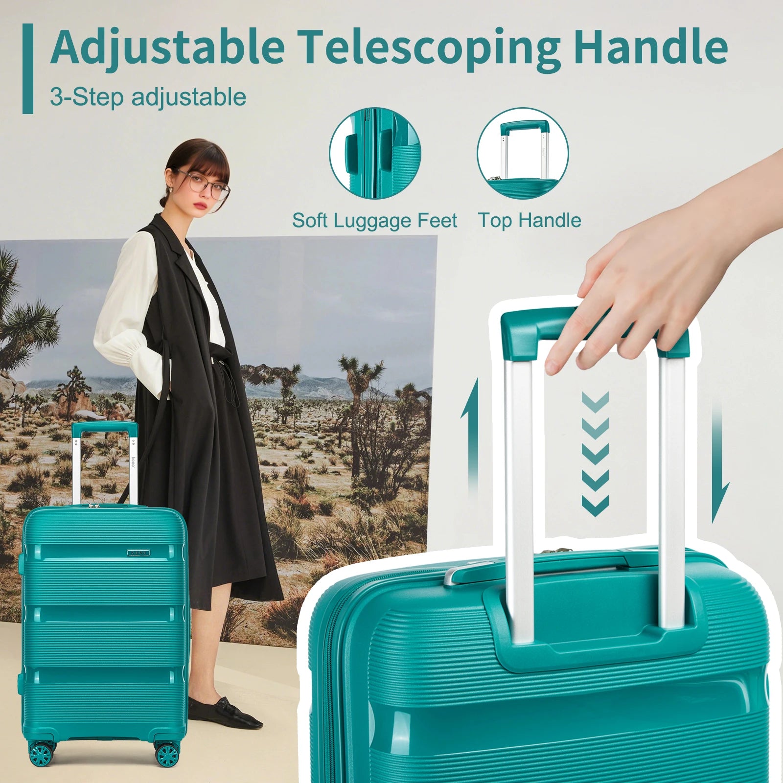 Bagages rigides Polypropylène KONO 3 pièces – léger, 4 rouleaux doubles, serrure TSA, valises 55/65/75 cm