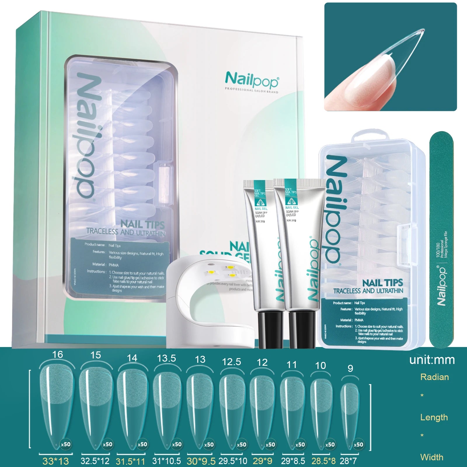 Gel UV Souple, Pointes, Lampe et Outils - Nailpop Kit d’Extension d’Ongles 600 pièces 