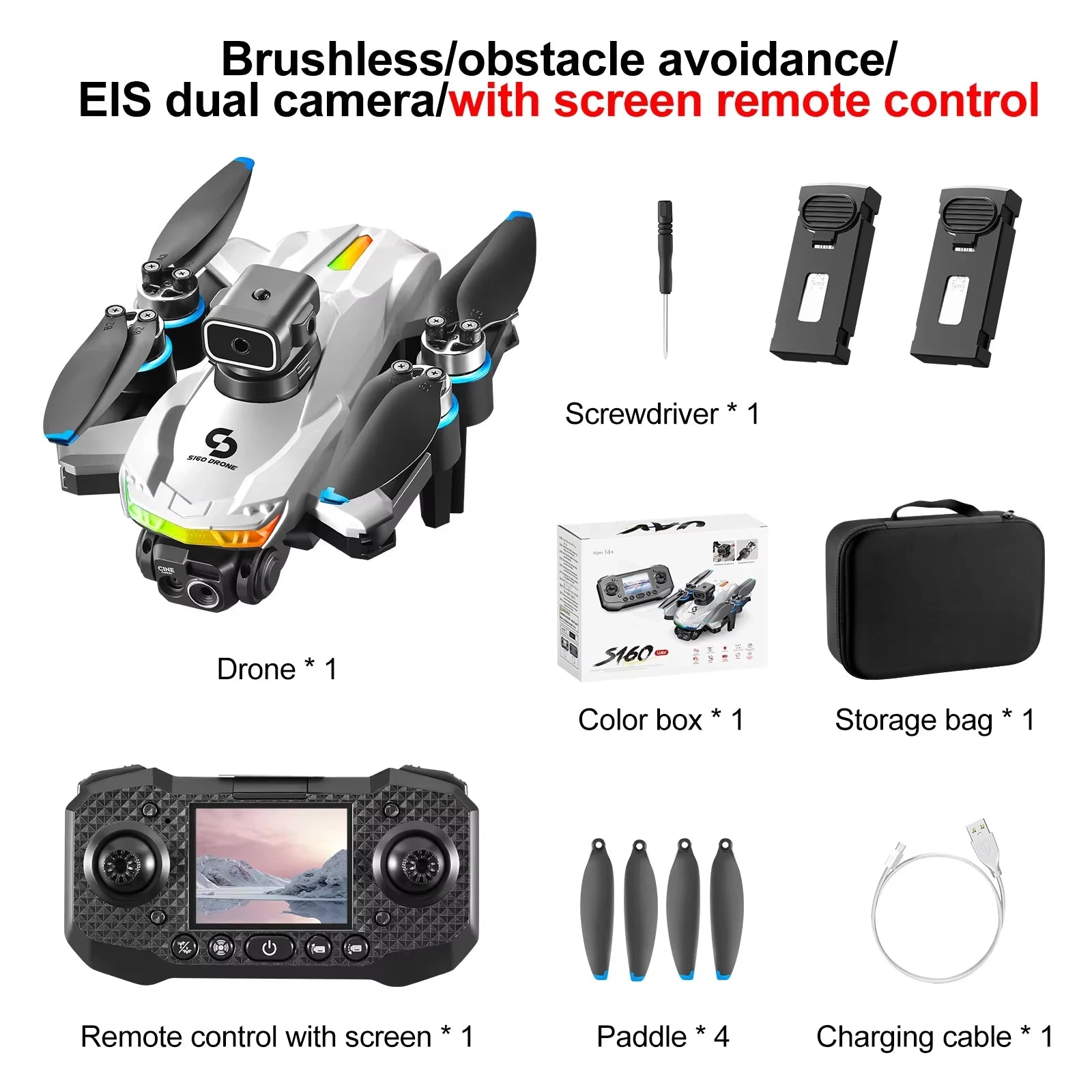 Drone S160 Pro 6K HD EIS – Drone FPV à double caméra avec écran RC, LED colorées, moteur sans balais