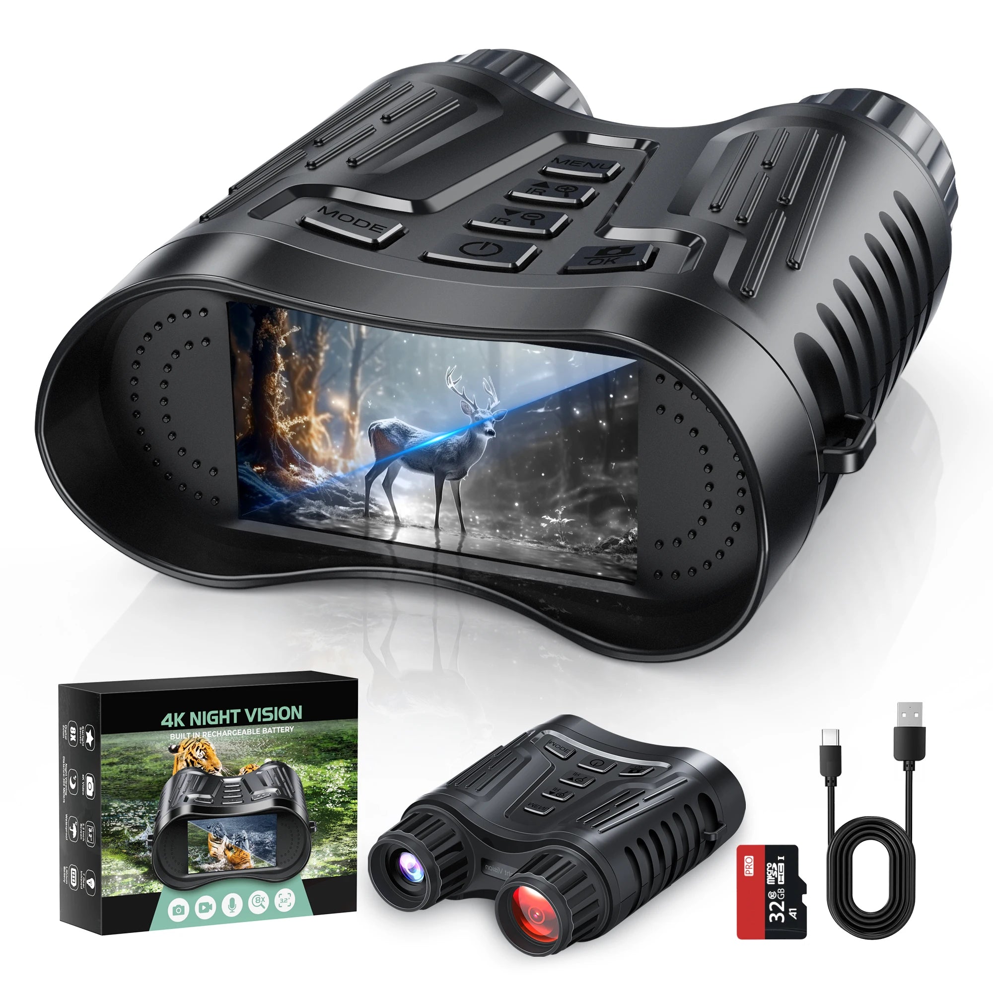 Jumelles de Vision Nocturne 4K UHD – Zoom 8X, Portée 300 m, Caméra Infrarouge, Idéal Chasse, Camping et Bateau
