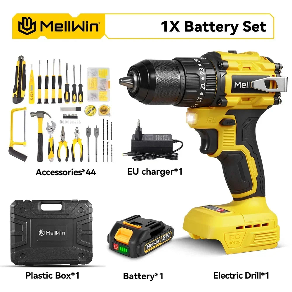 Perceuse à Percussion Électrique MELLWIN – Sans Balais 480 N·m, Tournevis 3 en 1, Ensemble d’Outils pour Makita 18V, Broche de Batterie