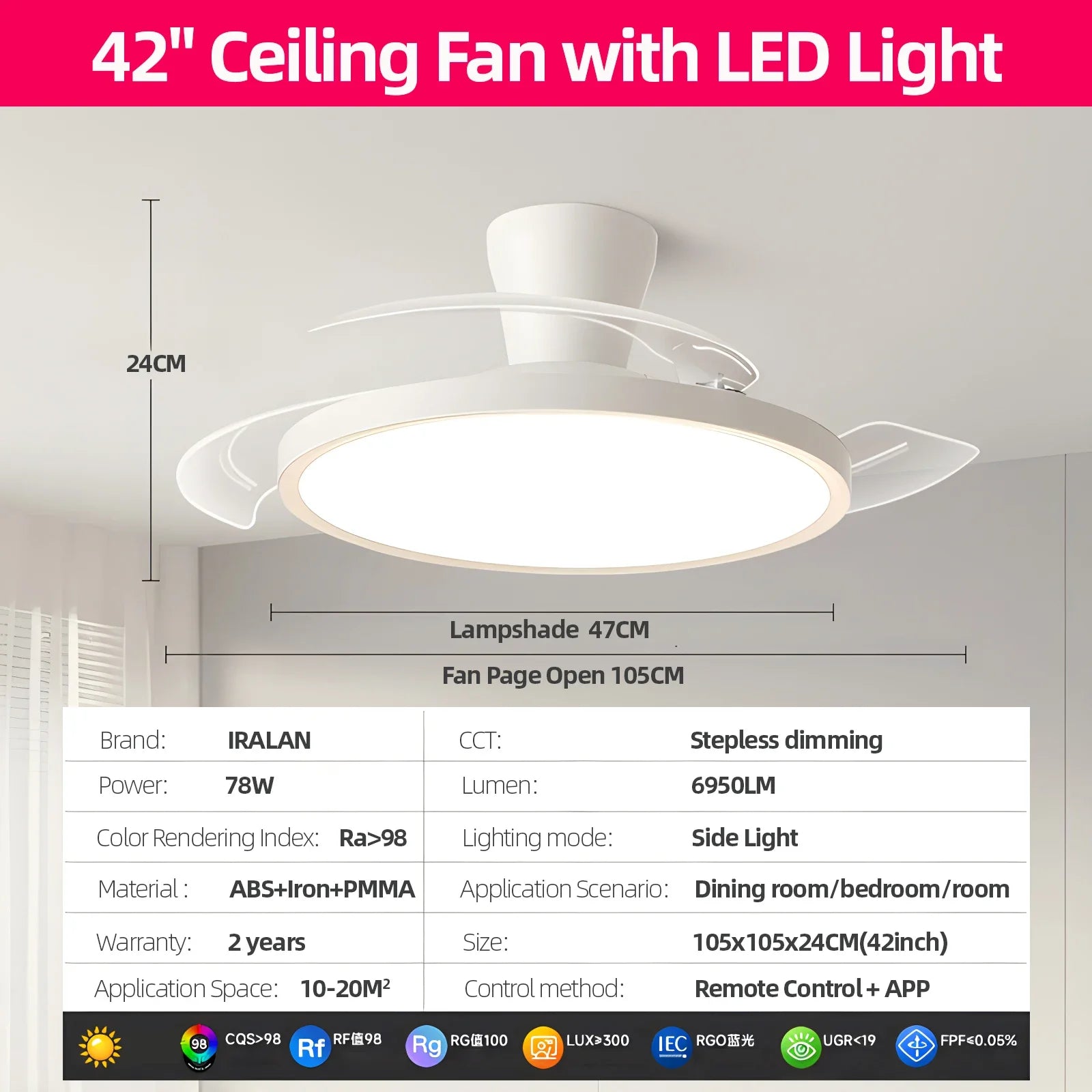 Ventilateur de plafond moderne à pales rétractables avec lumière, idéal pour salon, chambre ou appartement