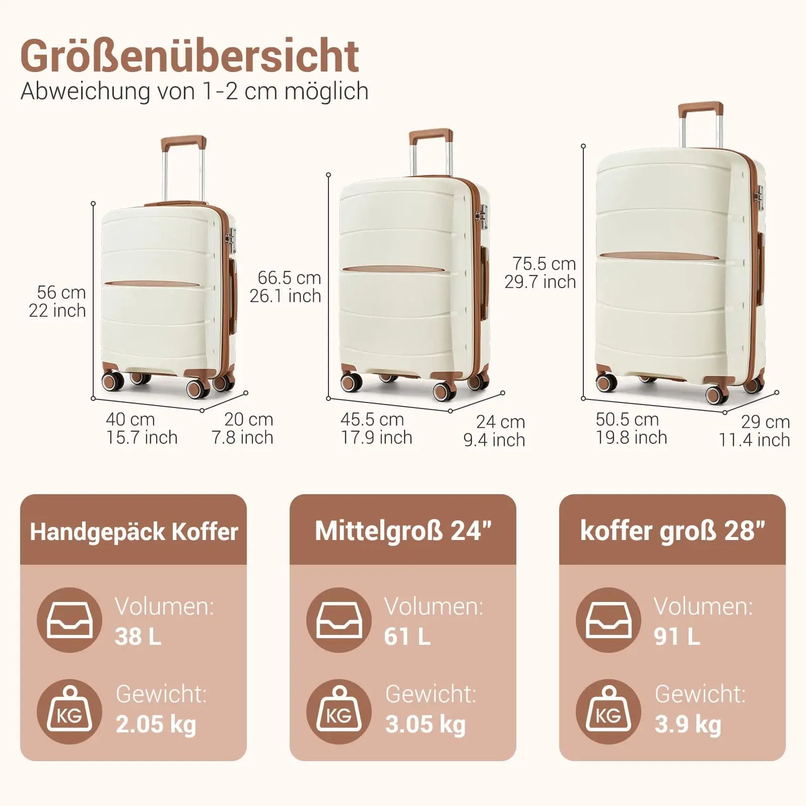 Valise cabine légère en polypropylène S/M/L KONO – 4 roues spinner, chariot rigide avec serrure TSA