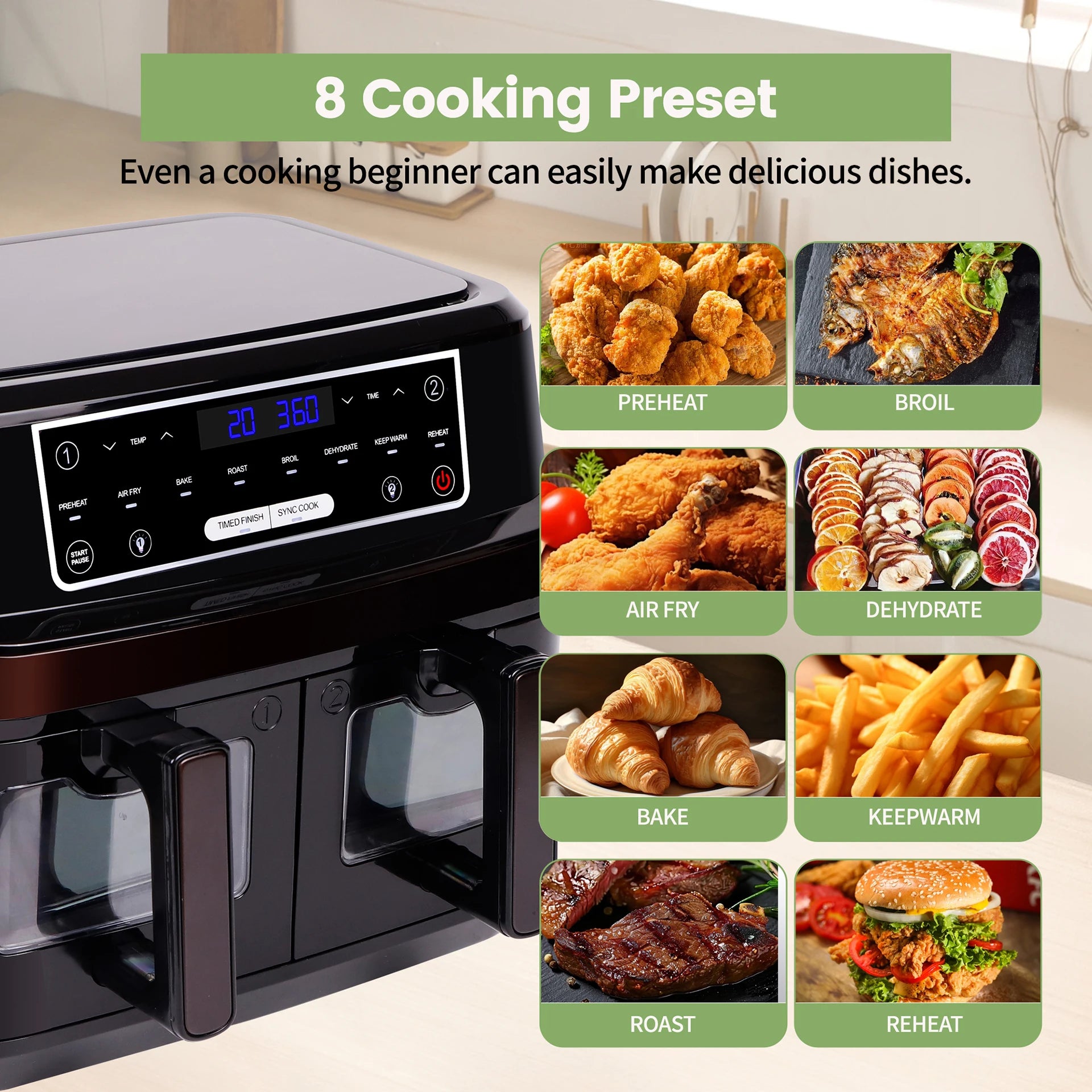 Air Fryer, Friteuse à air chaud 2 chambres avec fenêtre de visualisation, 10L Double tiroirs, Friteuse à air chaud avec écran tactile 8 programmes automatiques