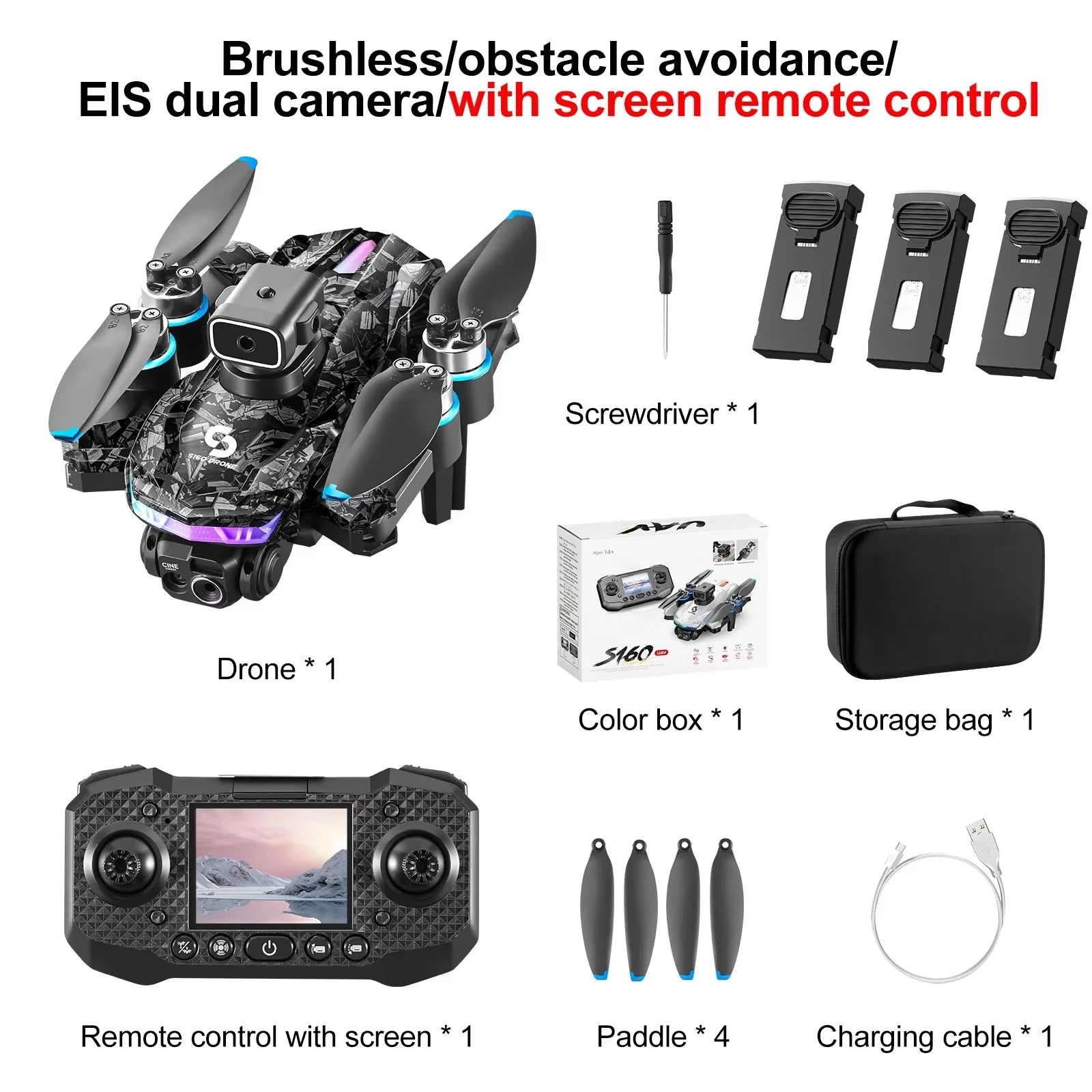 Drone S160 Pro 6K HD EIS – Drone FPV à double caméra avec écran RC, LED colorées, moteur sans balais