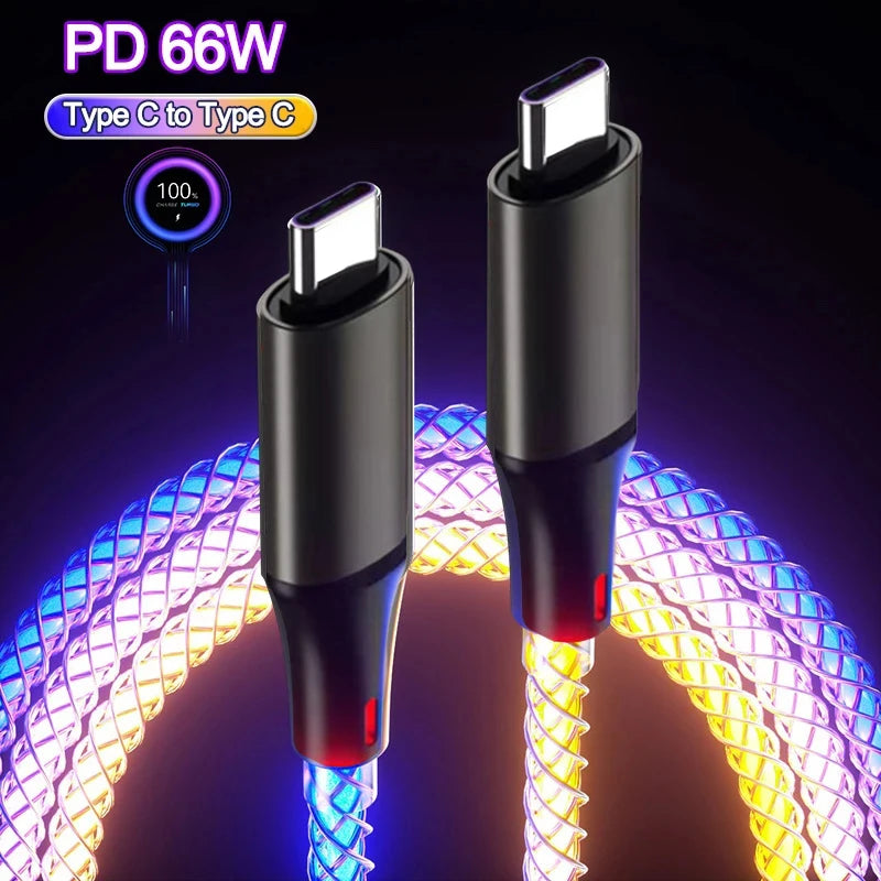 Câble de charge, SnapFast Chargeant RVB Respirant Shoous Gradient Lumière Câble De Données 66W TYPE-C Chargeur Pour iPhone 15 Pro Huawei Samsung Câble De Données