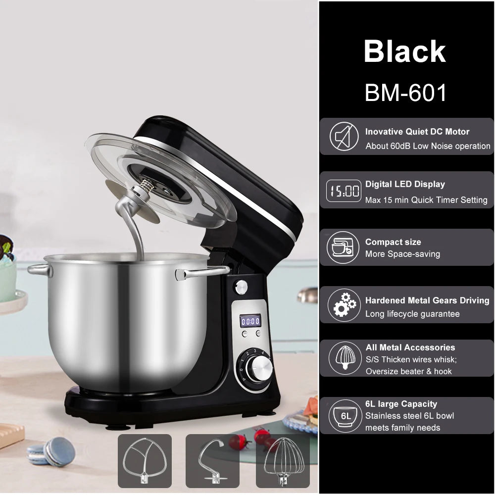 Robot de cuisine électrique BioloMix, 6L sur socle mélangeur 1200W moteur silencieux bol en acier inoxydable 6 vitesses, Crochet à pétrir, Batteur plat, bol mélangeur, Fouet filaire