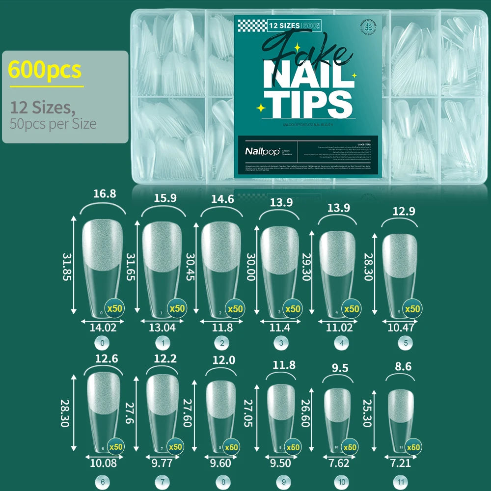 Faux ongles courts demi-couverture, extra court, carré, transparent, Gel, pré-forme avec poignées, 600 pièces