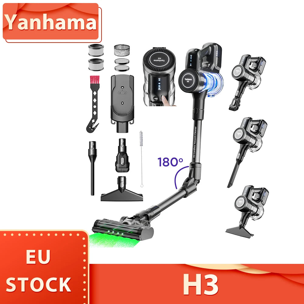 Aspirateur sans fil H3 Yanhama, aspiration 38kPa/550W, autonomie de maximale 60min, poignée à rotation 180°, lumière LED verte