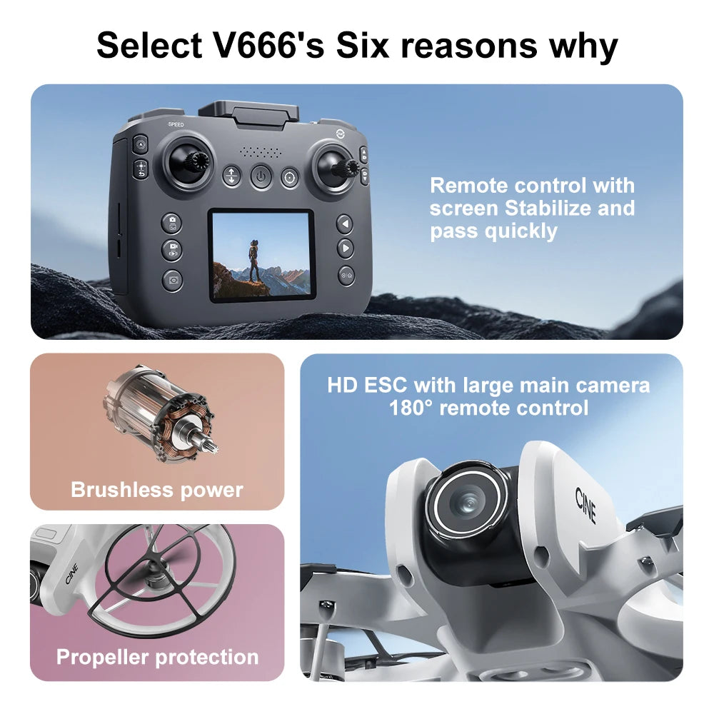 Drones MIJIA V666 HD 180° Drone quadrirotor pour éviter les obstacles, moteur sans balais, flux optique