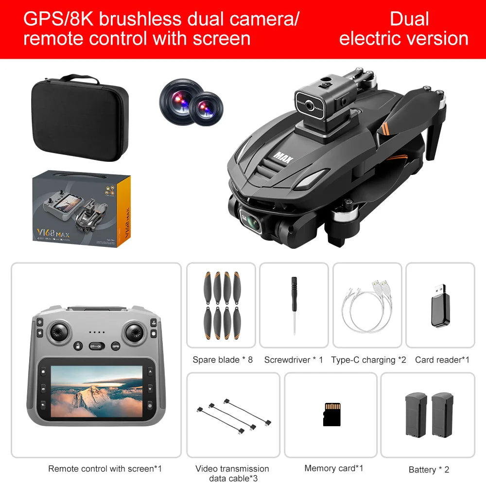 Drone V168 Max Drone 8K – GPS 5G, double caméra, pliable, grand écran, quadrirotor RC professionnel