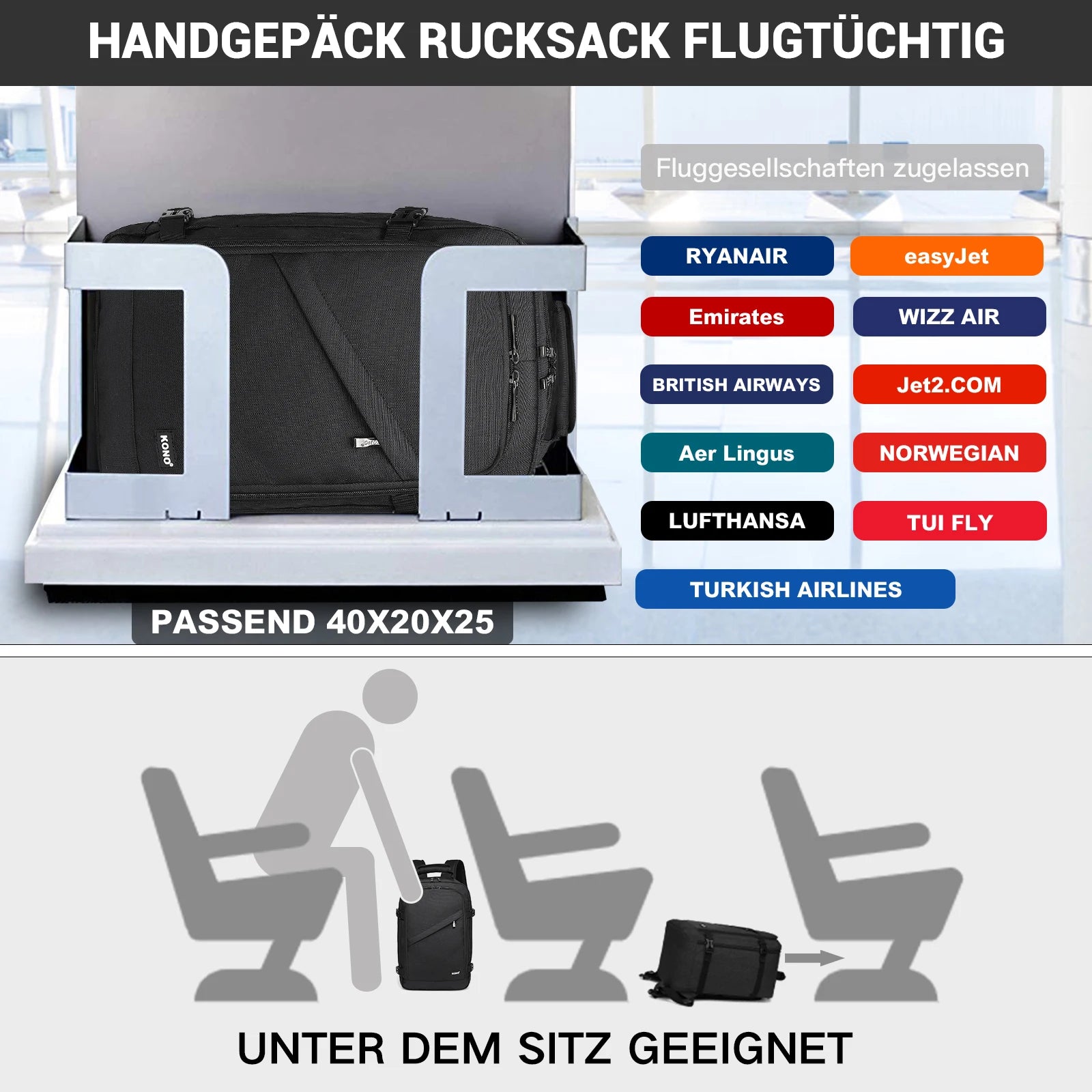 Sac de cabine KONO – 40x20x25 cm pour bagage à main Ryanair, 20L, minimaliste