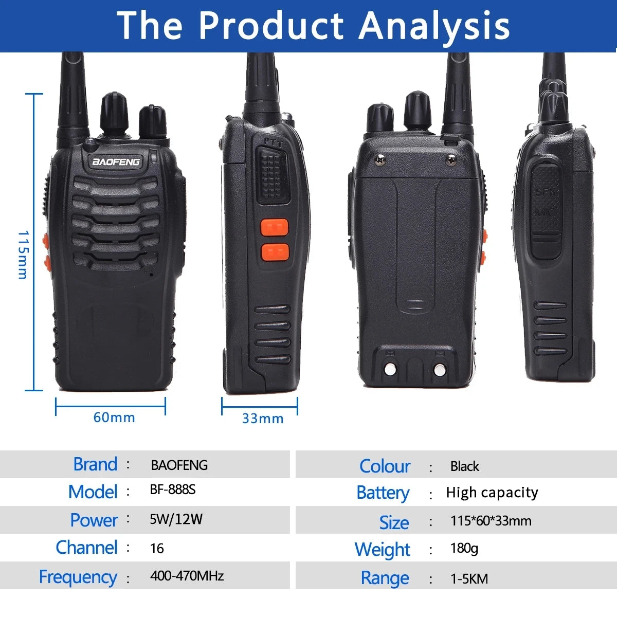 Talkie-Walkie Baofeng BF-888S 12W bande perforée longue portée, veille UHF 400-470MHz USB HAM Radio bidirectionnelle