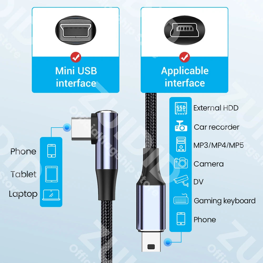 Mini câble USB Mini USB vers USB-A/type-c câble de chargeur de données rapide pour lecteur MP3 MP4 voiture DVR GPS appareil photo numérique HDD Mini USB 2.0