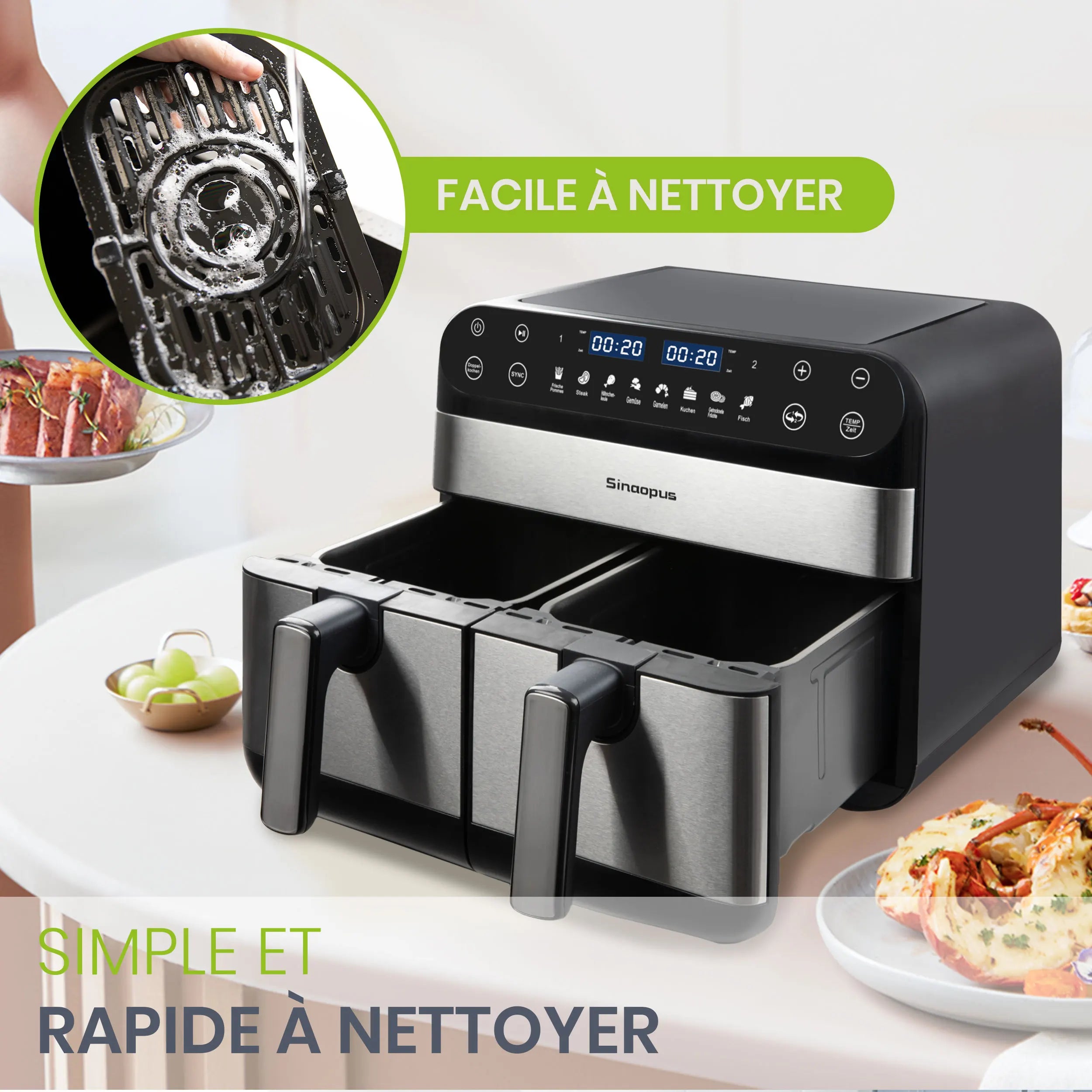 Friteuse à Air Chaud à Double Panier 10 L 2400 W – LED Tactile, 8 Programmes, Cuisson Sans Huile