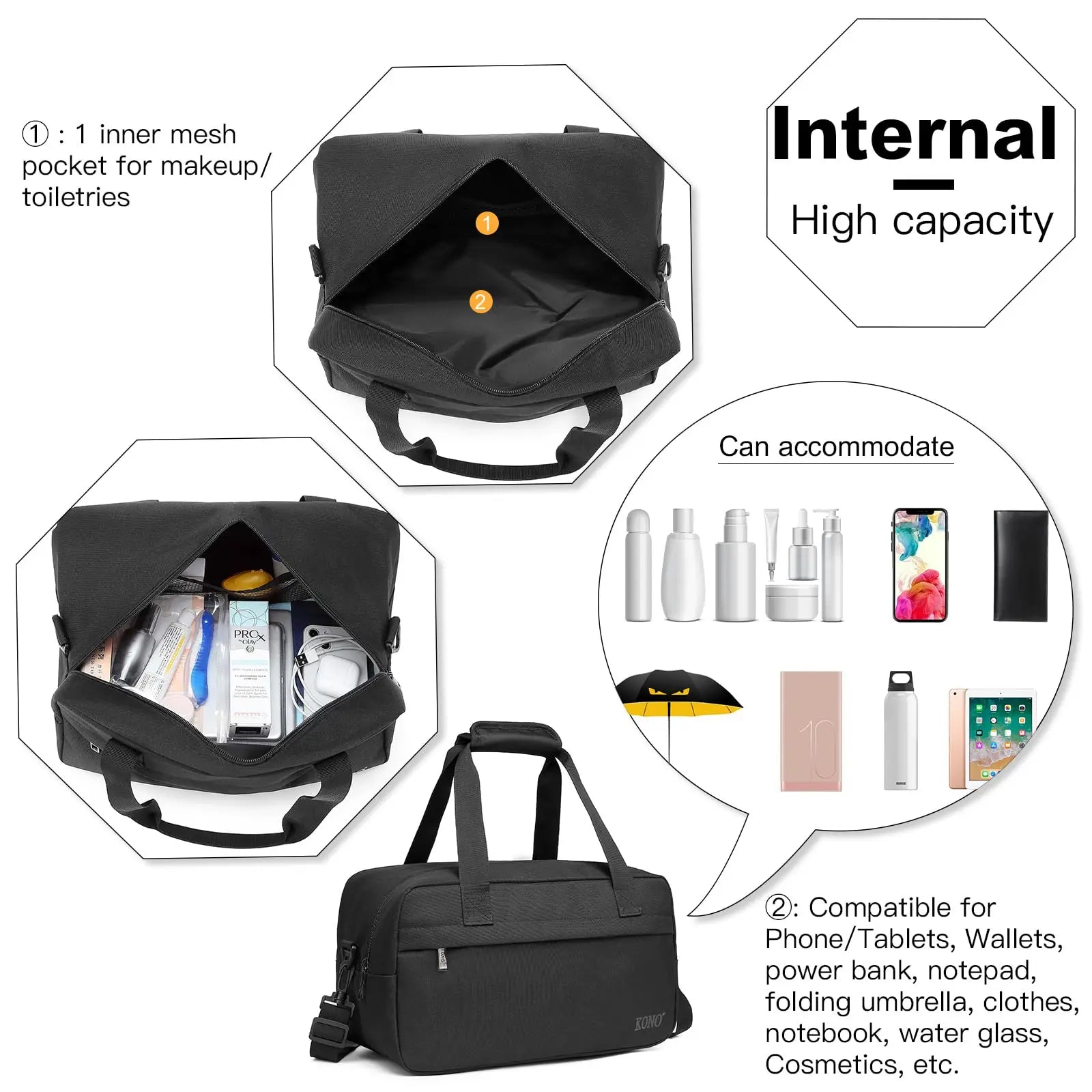 Étui léger en tissu à 2 vitesses avec sac à bandoulière KONO, chariot de cabine Noir