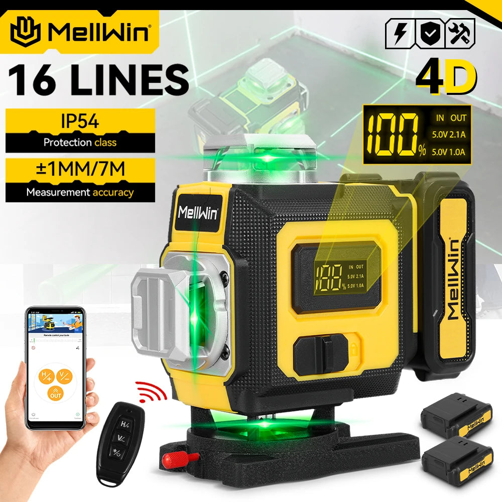 Niveau Laser 16 Lignes 4D Professionnel MELLWIN – Auto-nivelant 360° Horizontal et Vertical avec Télécommande APP
