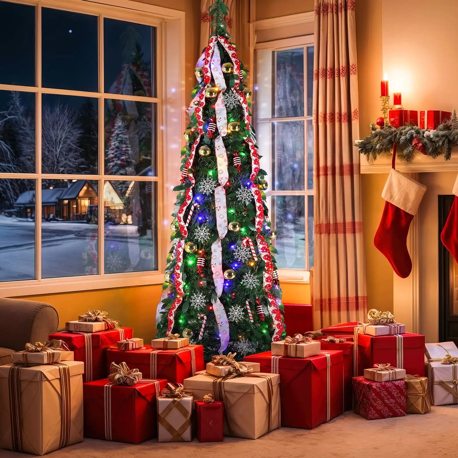 Arbre de Noël Pop-Up 4/5/6/7 pieds – Ornements Inclus, Lumières LED Colorées, Télécommande, Arbre Pliable et Pré-Décoré