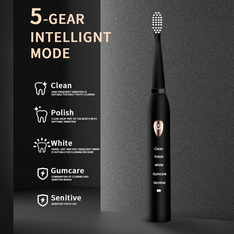 Classic Electric Toothbrush for Adults, Black and White, 5 Speed Mode, USB Charging, IPX7 Waterproof