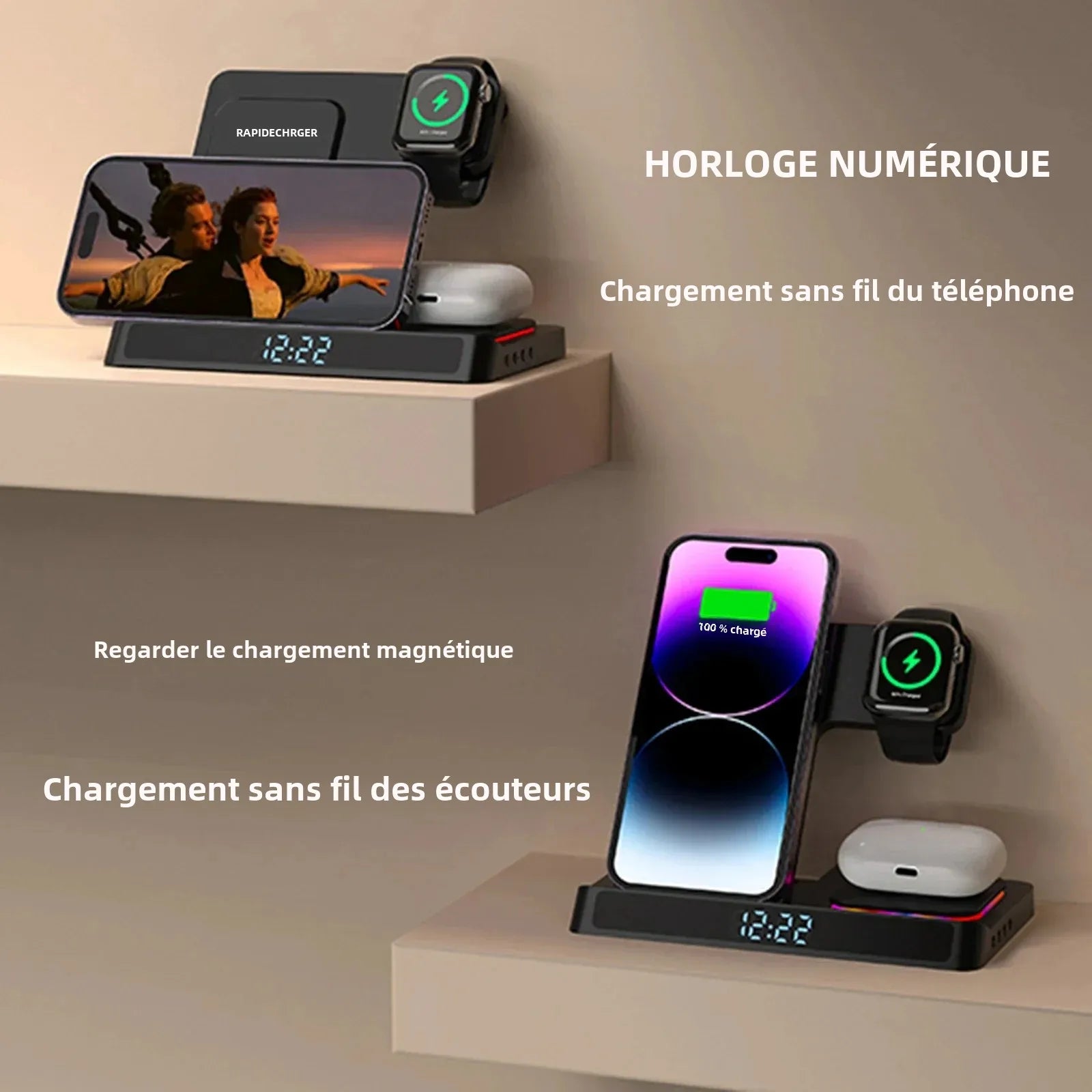 Support de chargeur sans fil pliable 4 en 1, pour IPhone 15 14 13 12 pour Apple Watch 9 8 Airpods Pro iWatch, Station de charge rapide