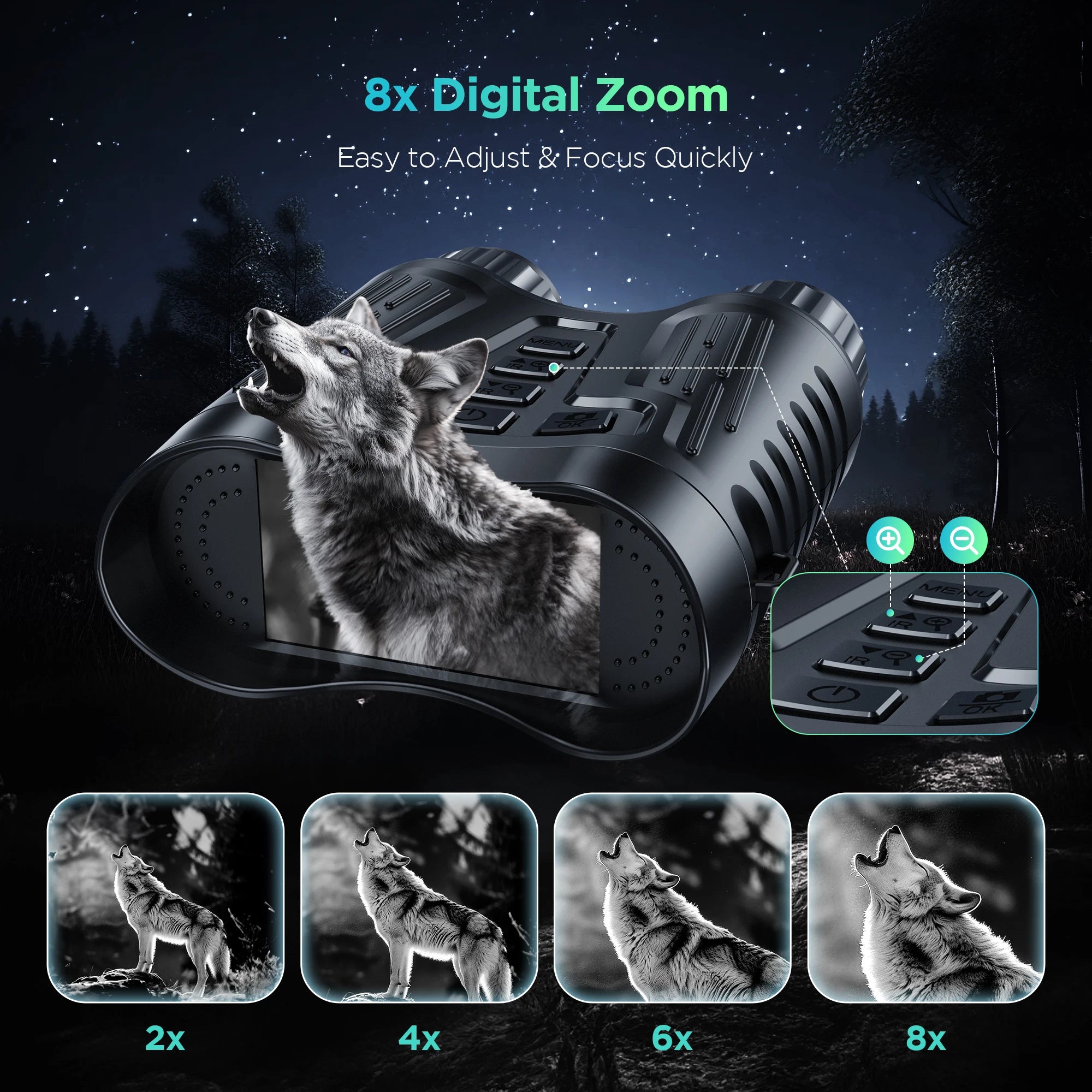 Jumelles de Vision Nocturne 4K UHD – Zoom 8X, Portée 300 m, Caméra Infrarouge, Idéal Chasse, Camping et Bateau