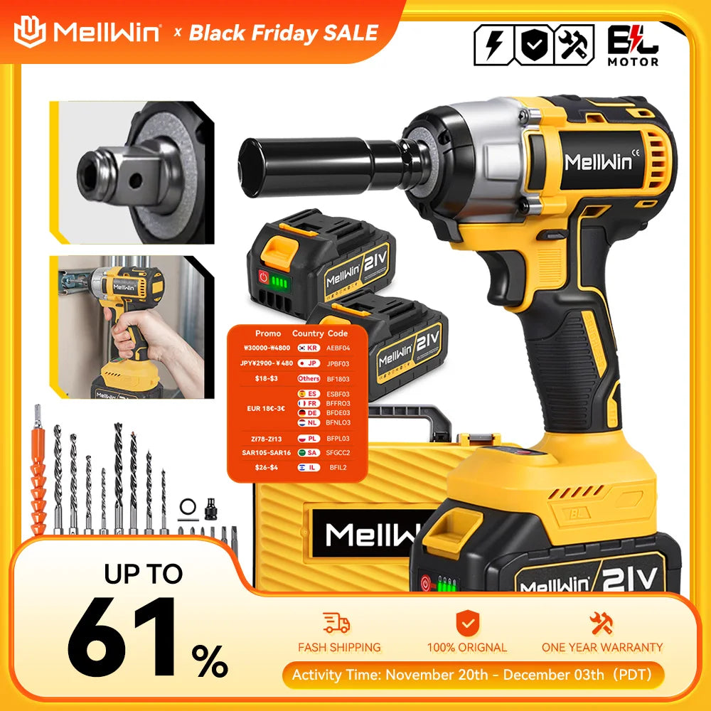 Clé à chocs électrique MELLWIN 520 Nm – 3-en-1 sans fil, brushless 800 W, perceuse tournevis et clé à chocs, compatible batterie Makita 18 V