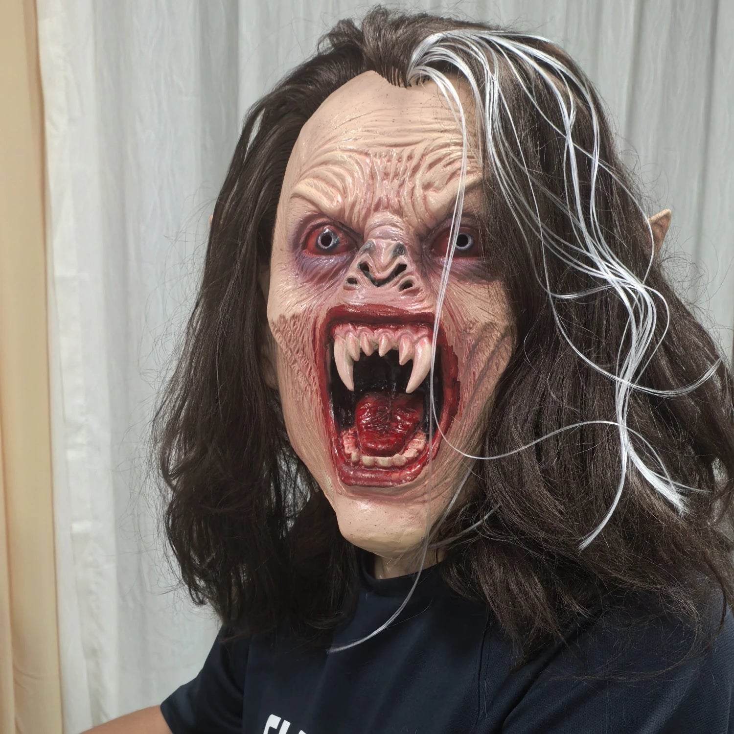 Costume de Vampire réaliste pour adultes, masque en caoutchouc avec cheveux longs et dents tranchantes pour les nuits d'horreur d'halloween