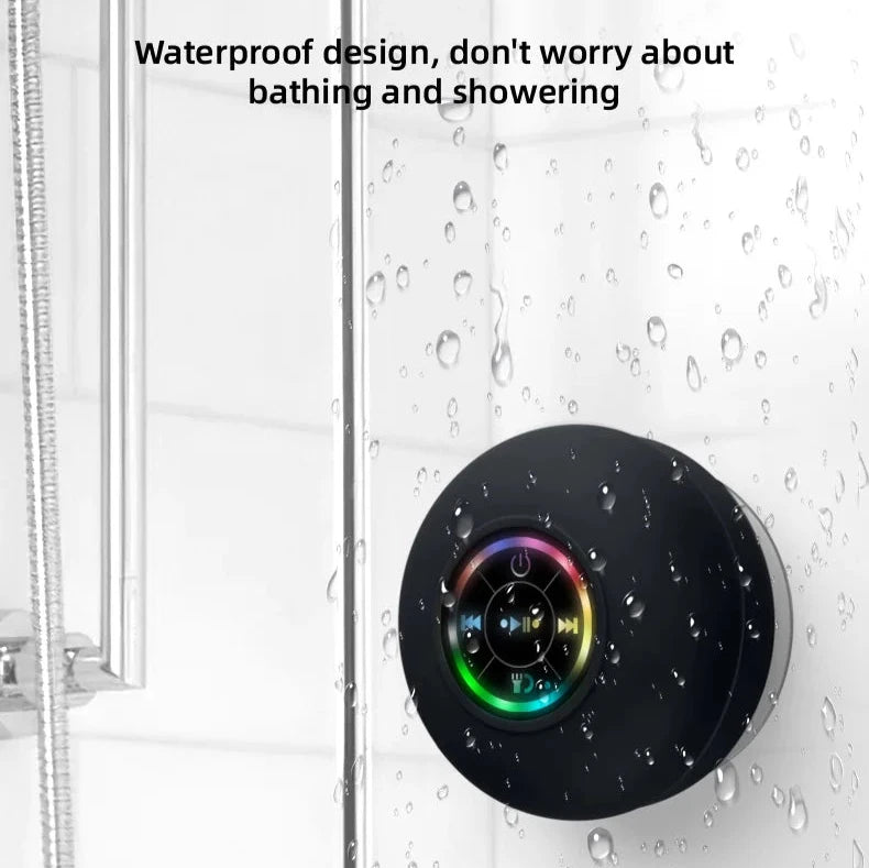 Portable Waterproof Bluetooth Shower Speaker with Suction Cup, 3D Surround Stereo Subwoofer, LED Lights