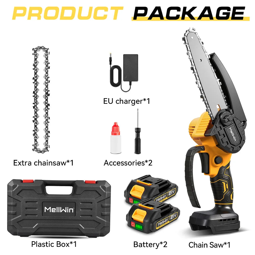 Scie à chaîne électrique MELLWIN 6 pouces – mini scie d’élagage portable, compatible batterie Makita 18 V