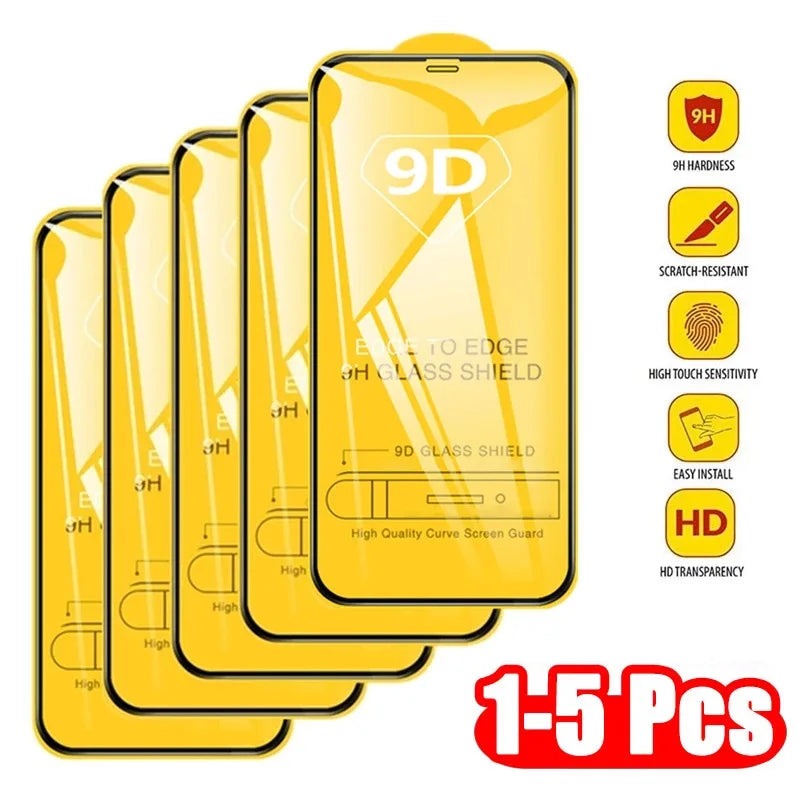 Protecteur d'écran 9D – 1 à 5 pièces – Verre trempé pour iPhone 15/14/13/12/11 Pro Max – Protection écran pour iPhone XR/X/XS Max/6/7/8 Plus