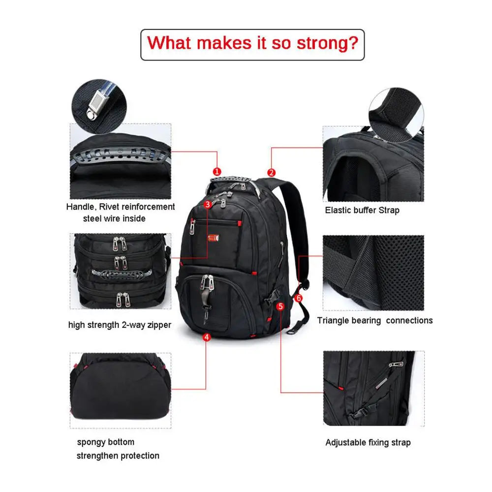 Sac à dos suisse multifonction pour ordinateur portable, sac de voyage 45L, sac à livres universitaire, port de chargement USB, 17 pouce