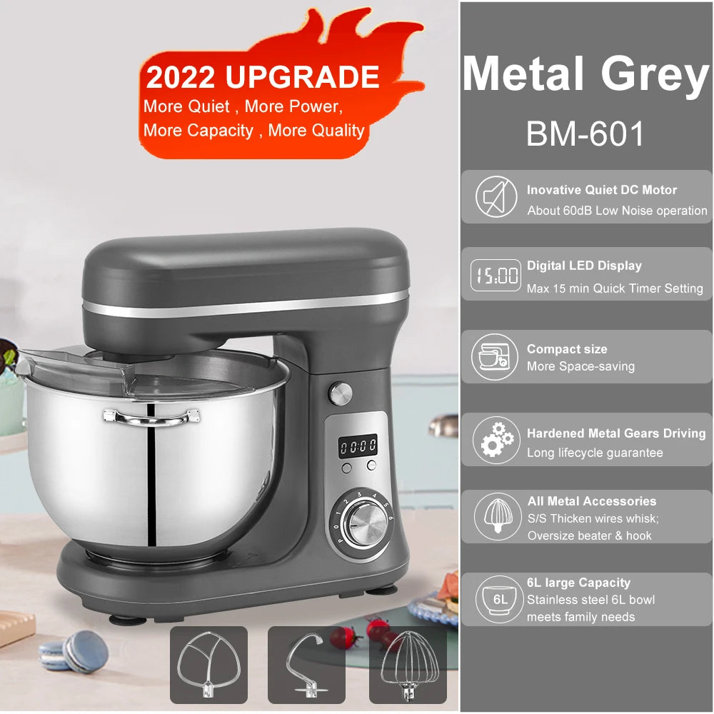 Robot de cuisine électrique BioloMix, 6L sur socle mélangeur 1200W moteur silencieux bol en acier inoxydable 6 vitesses, Crochet à pétrir, Batteur plat, bol mélangeur, Fouet filaire